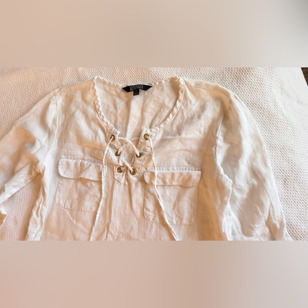 ELLEN TRACY White Linen Lace-Up Blouse Women’s Top - Picture 4 of 13